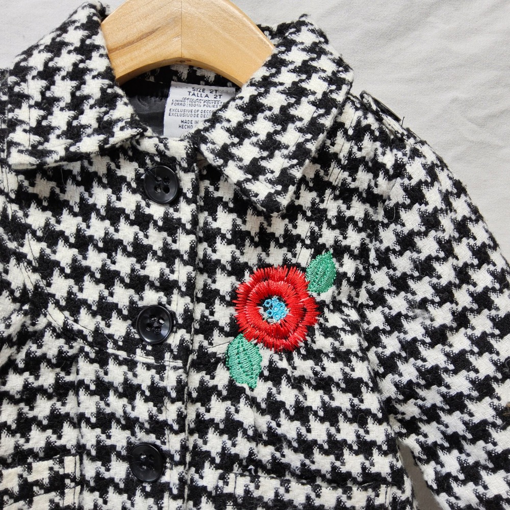 Unbranded Houndstooth Peacoat Kids 2T Black White‎ Flower Embroidered Jacket